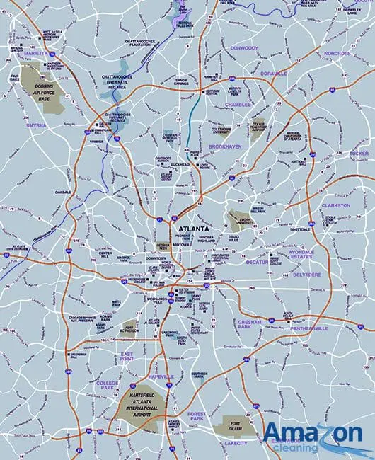 Service area map of Atlanta. Georgia, for maid and home cleaning solutions.