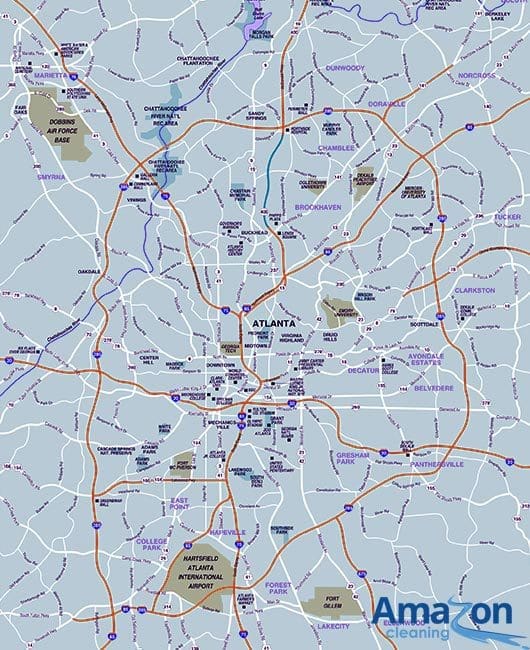 Service area map of Atlanta. Georgia, for maid and home cleaning solutions.